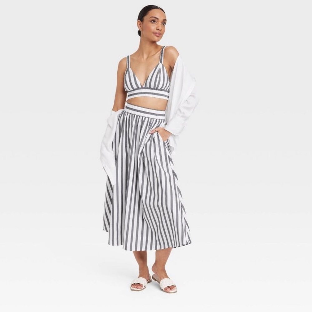 a new day Black and White Striped Midi Skirt